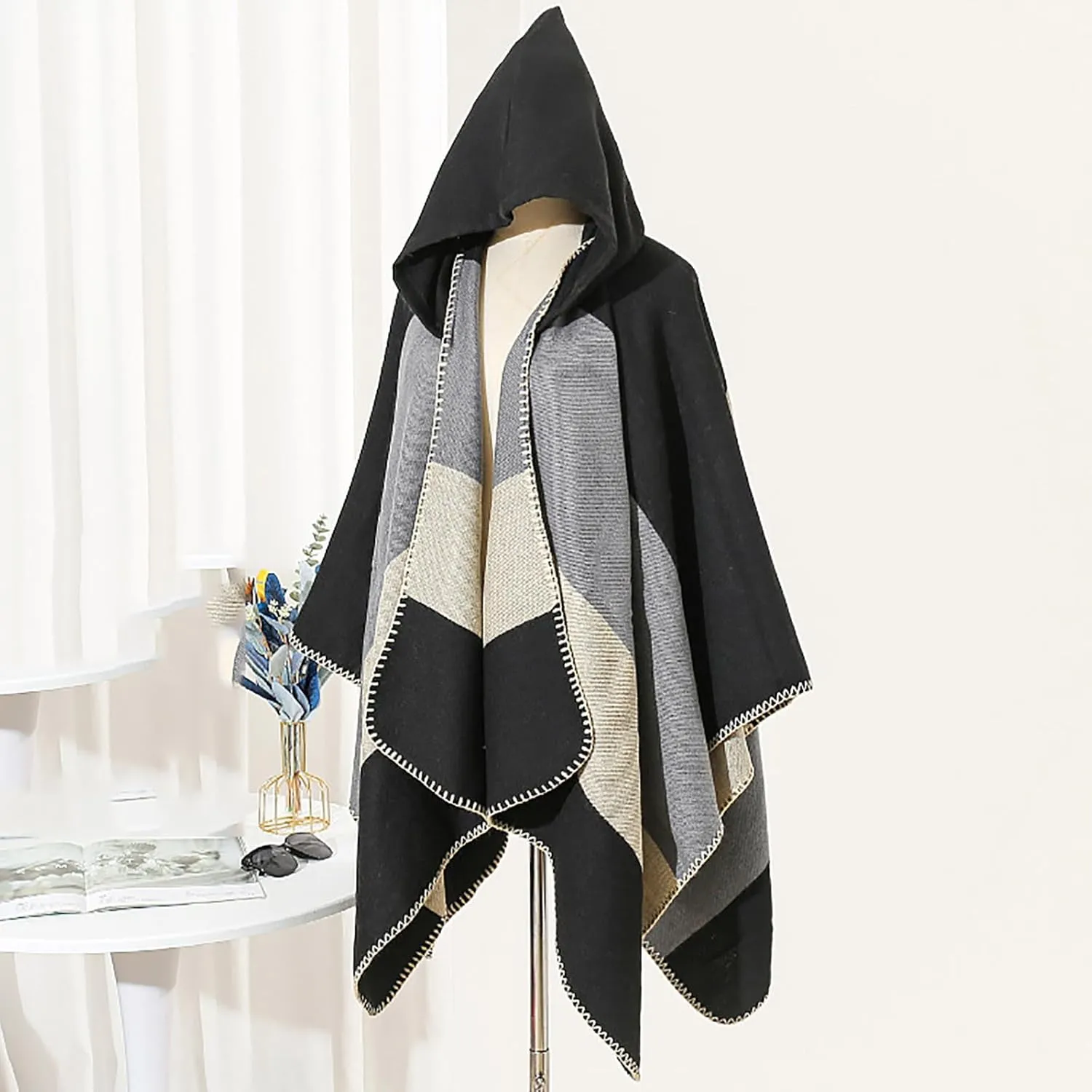 Oplxuo Women's Hooded Cloak Shawls Wraps Color Block Knit Scarf Shawl Soft Warm Poncho Cape Cardigan Sweater