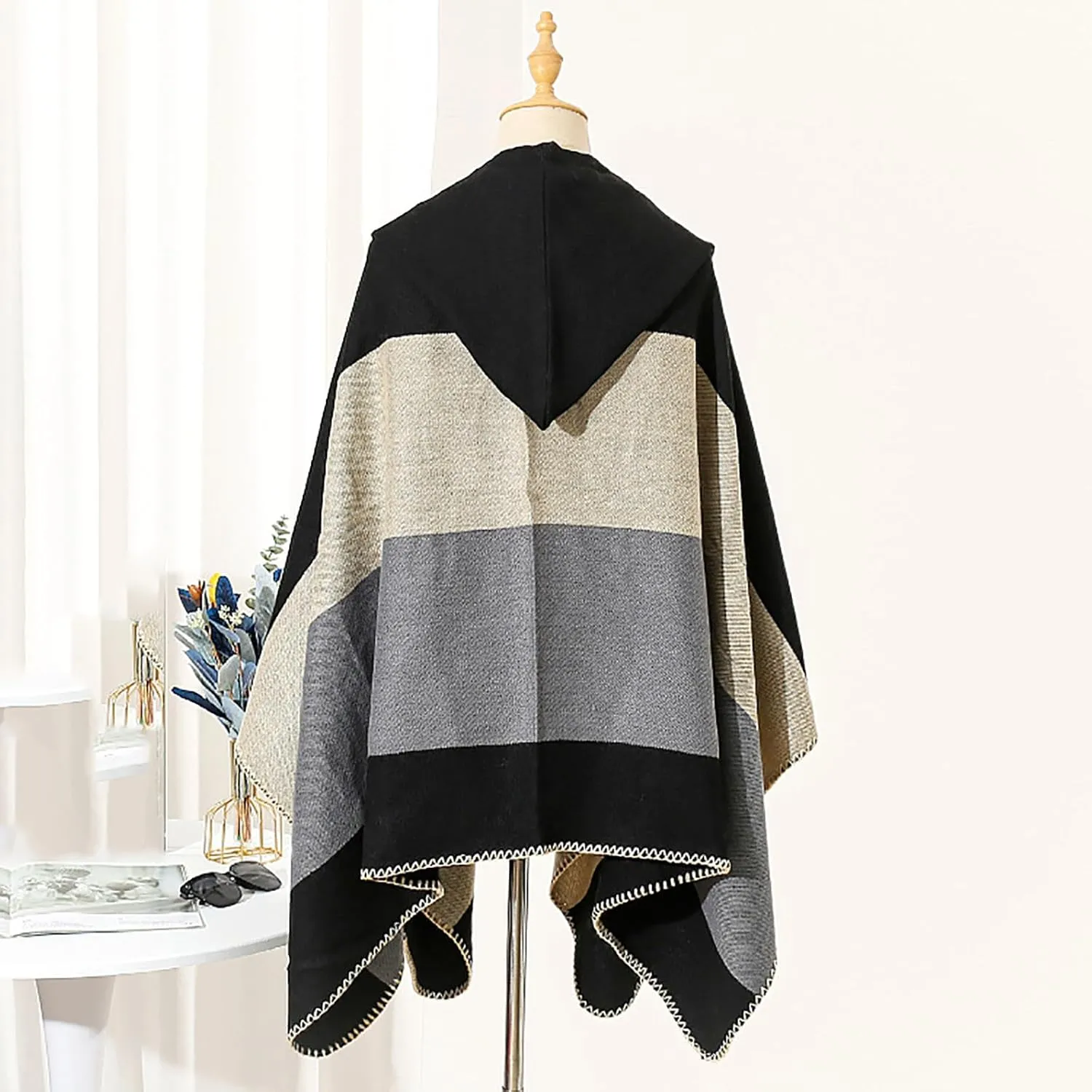 Oplxuo Women's Hooded Cloak Shawls Wraps Color Block Knit Scarf Shawl Soft Warm Poncho Cape Cardigan Sweater