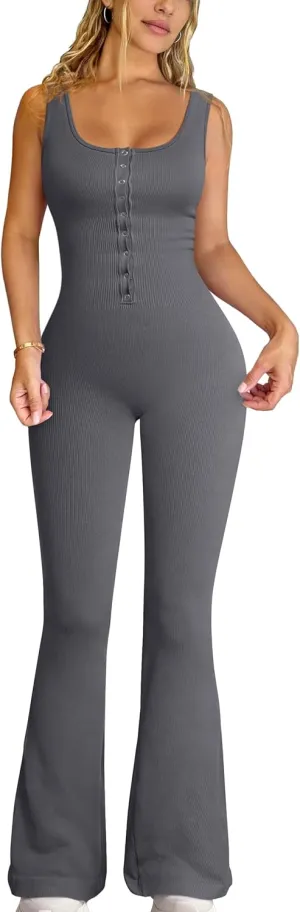 OQQ Jumpsuits For Women Ribbed Square Neck Sleeveless Sexy Stretch Flare Jumpsuits