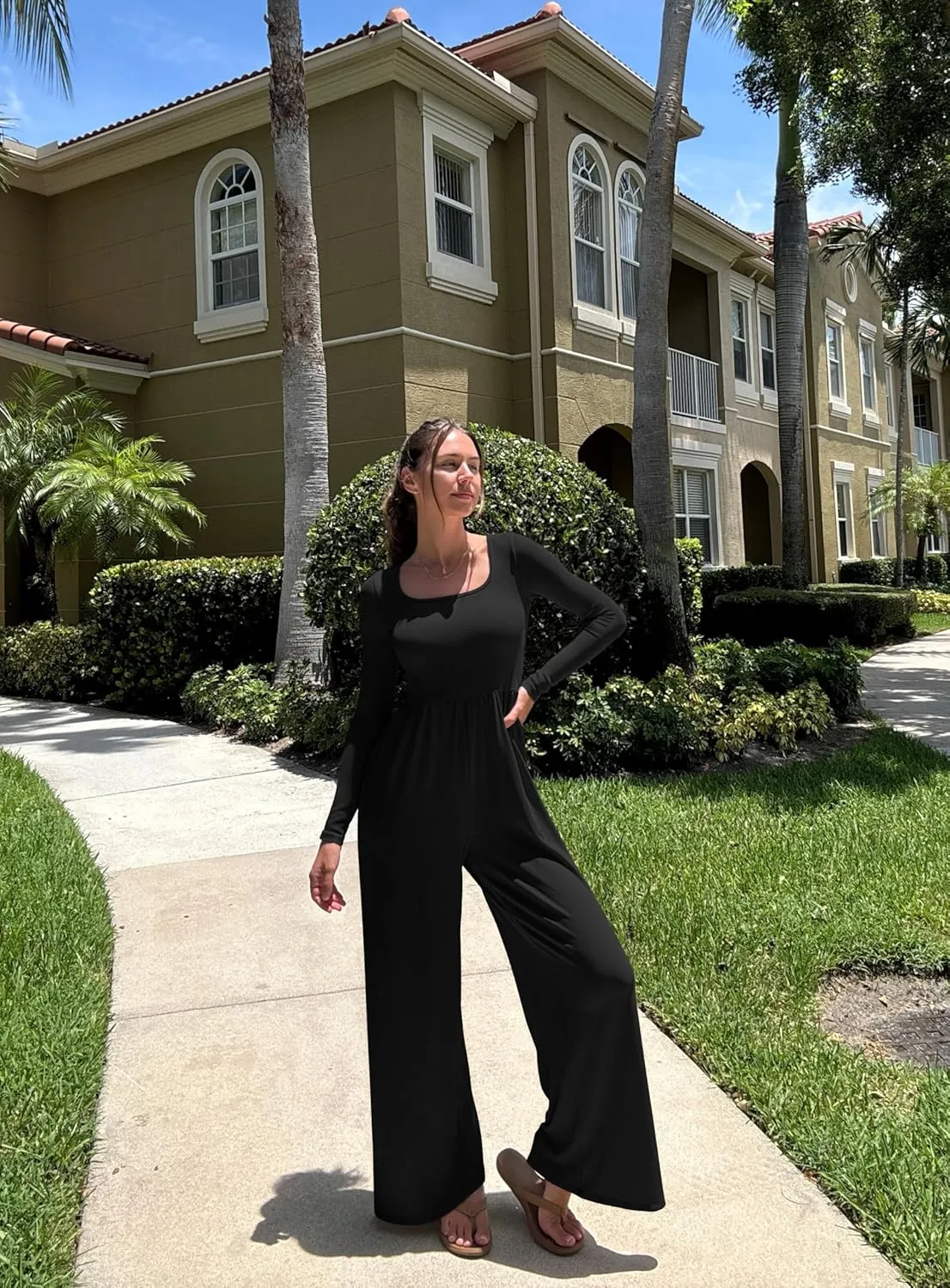 OQQ Women Wide Leg Pants Jumpsuits One Piece Long Sleeve Square Neck Jumpsuits
