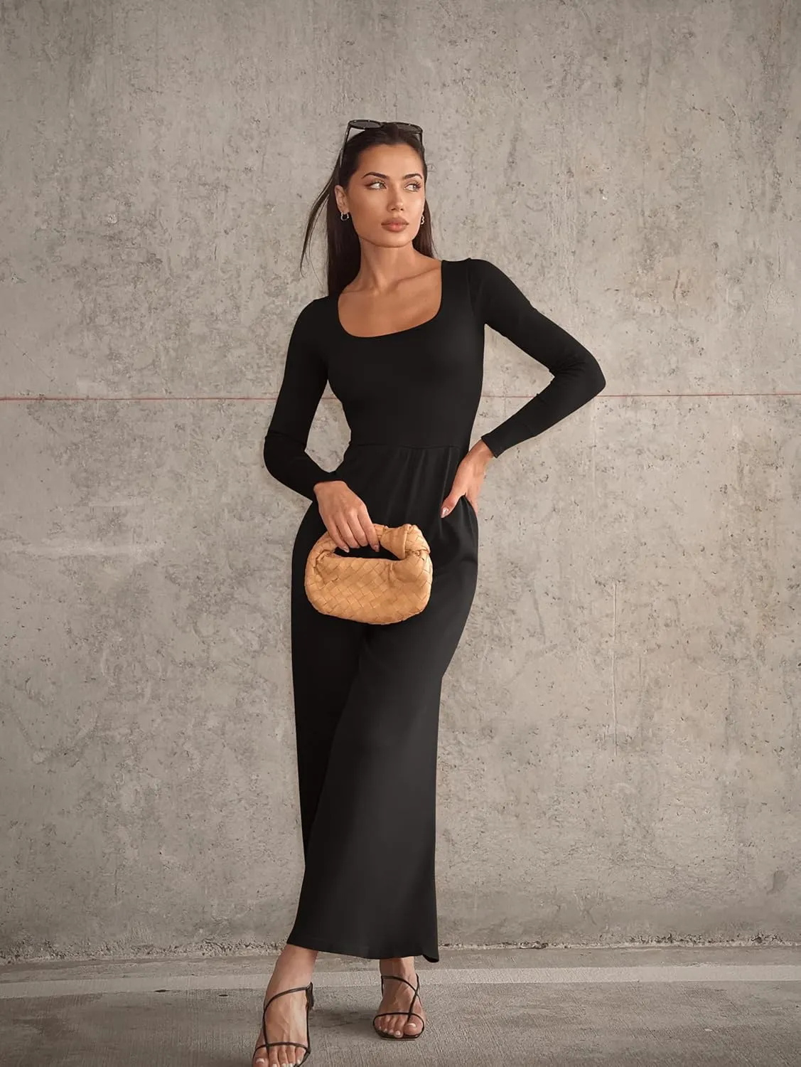 OQQ Women Wide Leg Pants Jumpsuits One Piece Long Sleeve Square Neck Jumpsuits
