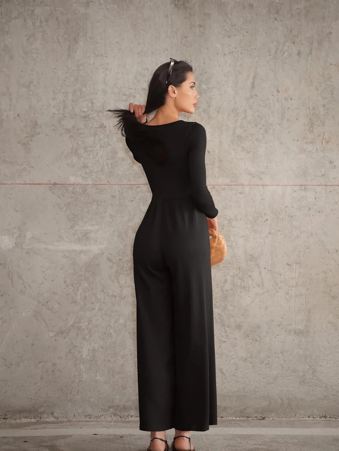 OQQ Women Wide Leg Pants Jumpsuits One Piece Long Sleeve Square Neck Jumpsuits