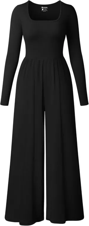OQQ Women Wide Leg Pants Jumpsuits One Piece Long Sleeve Square Neck Jumpsuits