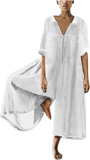 Overalls for Women Fall Summer Linen Loose Fit Jumpsuits Trousers Pants One Piece Women 2024