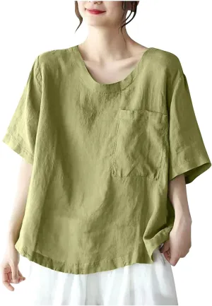 Oversized Crew Neck Linen Tops for Women Short Sleeve Solid Color Tee Shirts Half Sleeve Lightweight Tshirts 2025