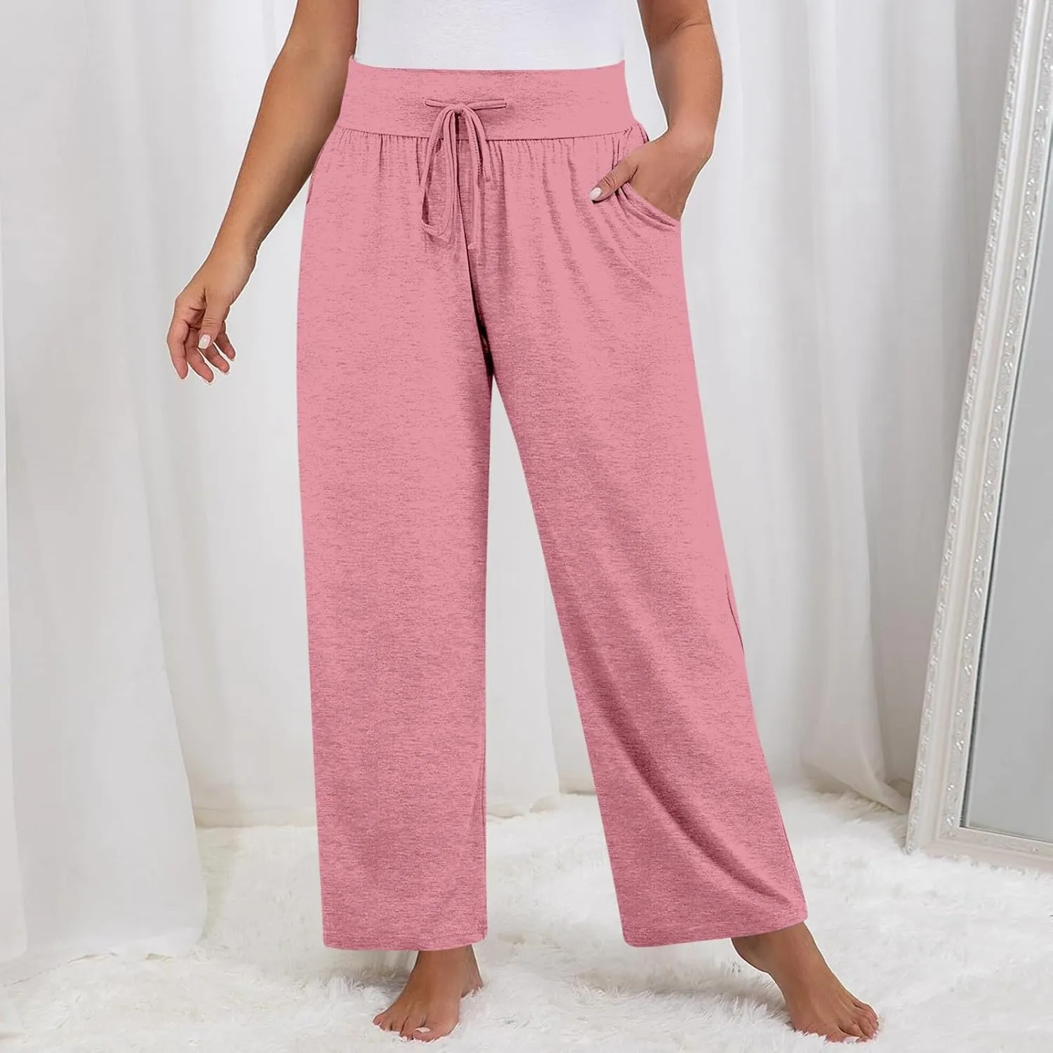 Palazzo Pants Women Plus Size Elastic Waist Casual Pants Drawstring Loose Yoga Pants Lightweight Flowy Wide Leg Pants