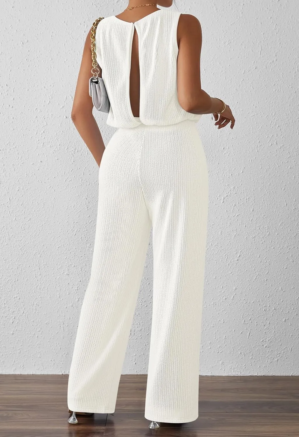 Pink Queen Women Summer Ribbed Jumpsuits Sleeveless Cut Out Back Wide Leg Rompers Outfits