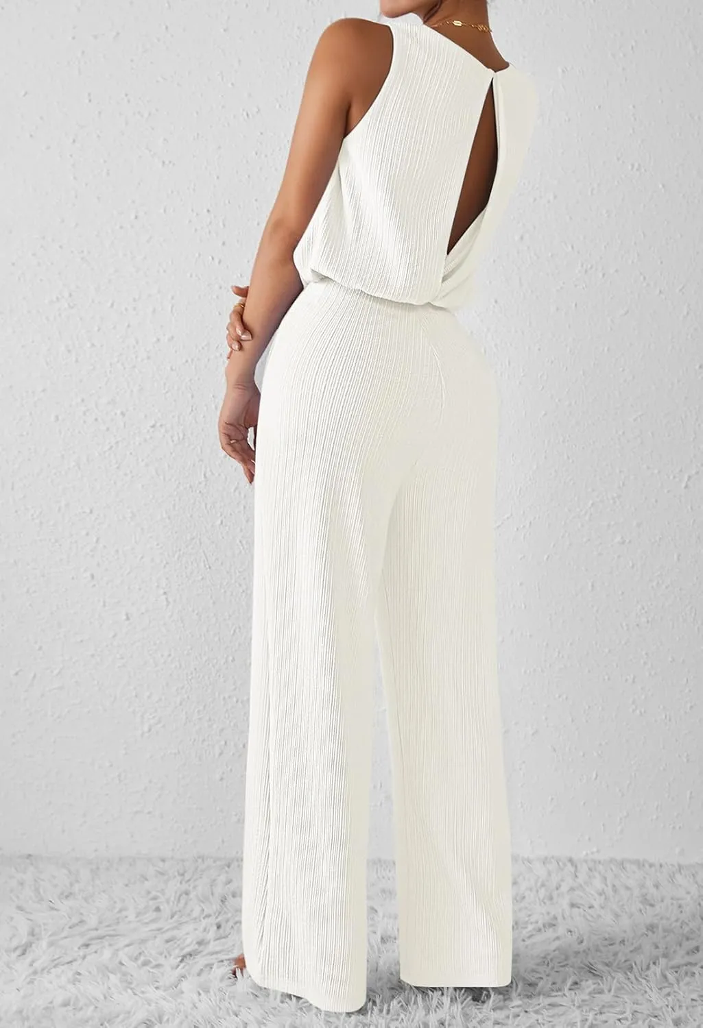 Pink Queen Women Summer Ribbed Jumpsuits Sleeveless Cut Out Back Wide Leg Rompers Outfits