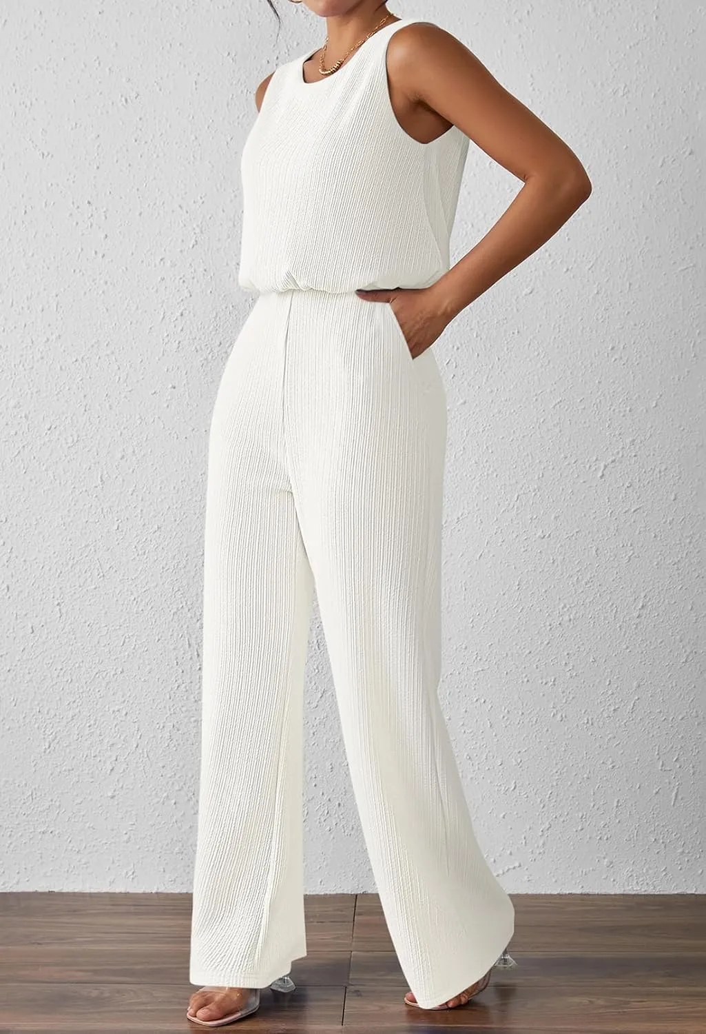 Pink Queen Women Summer Ribbed Jumpsuits Sleeveless Cut Out Back Wide Leg Rompers Outfits