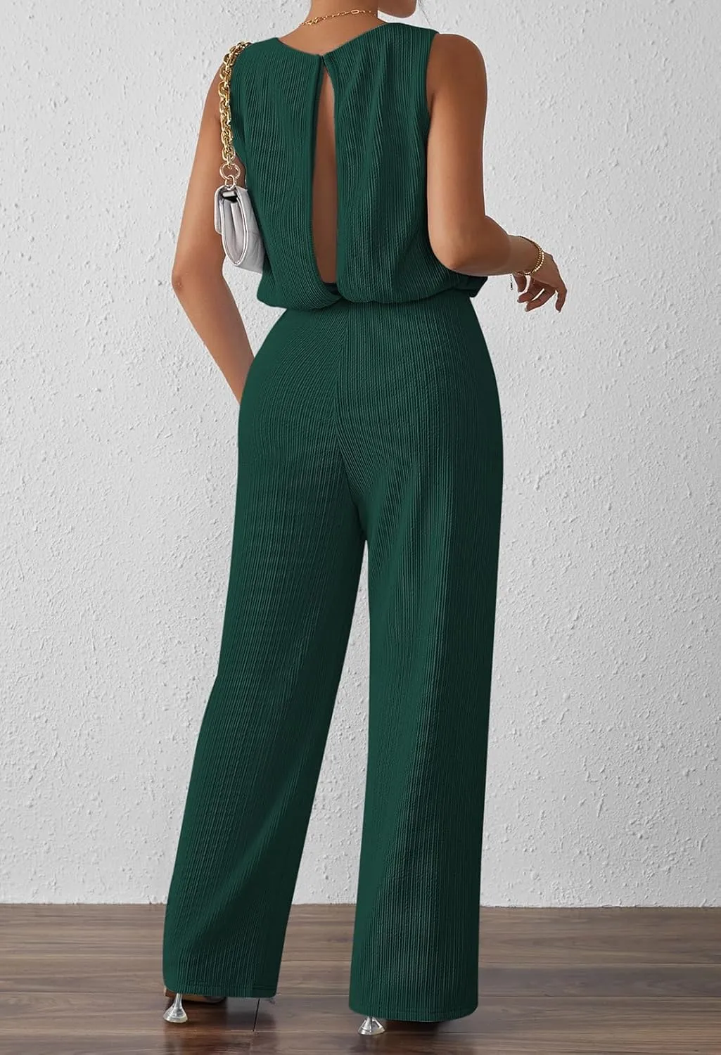 Pink Queen Women Summer Ribbed Jumpsuits Sleeveless Cut Out Back Wide Leg Rompers Outfits
