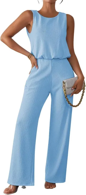Pink Queen Women Summer Ribbed Jumpsuits Sleeveless Cut Out Back Wide Leg Rompers Outfits