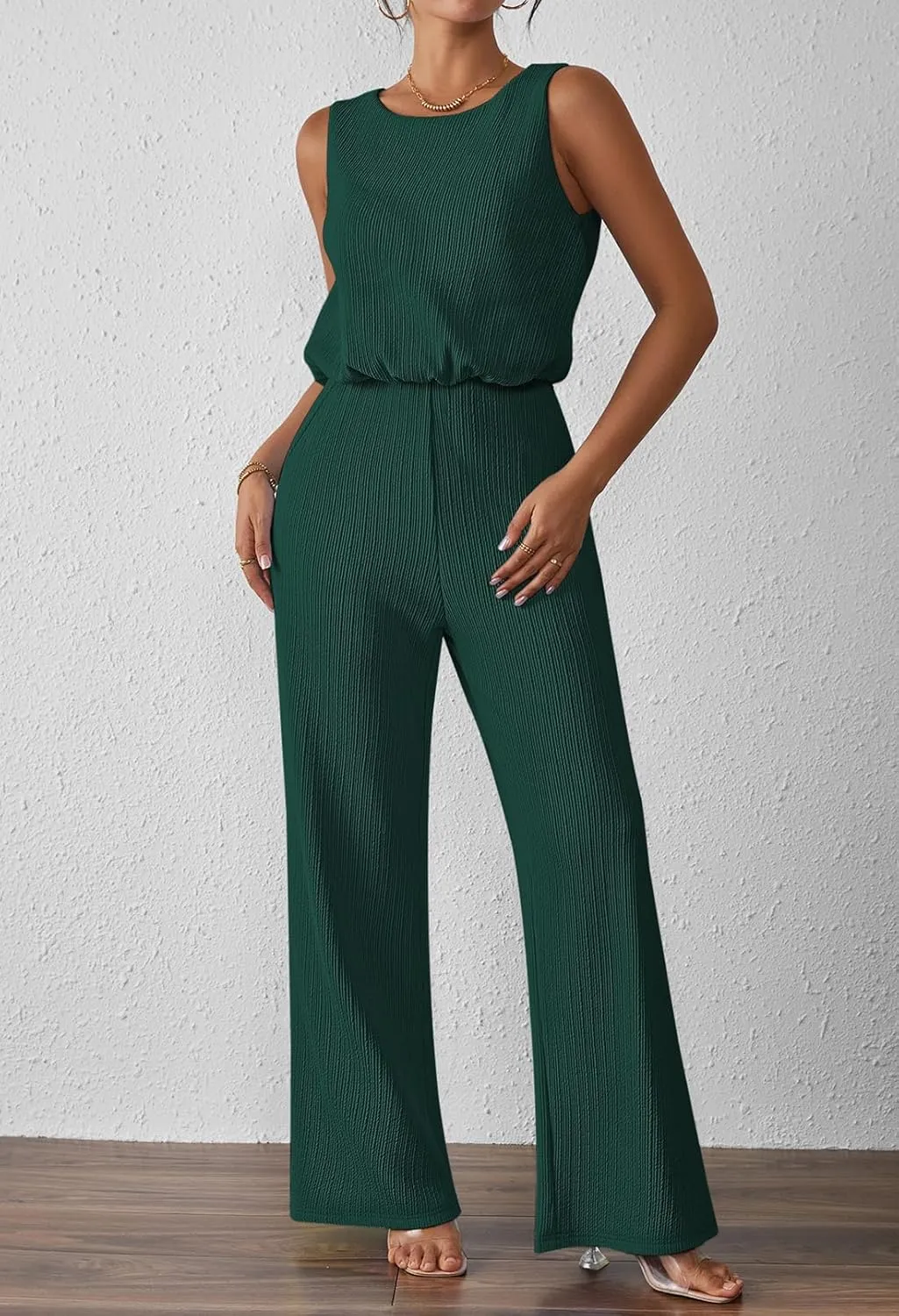 Pink Queen Women Summer Ribbed Jumpsuits Sleeveless Cut Out Back Wide Leg Rompers Outfits