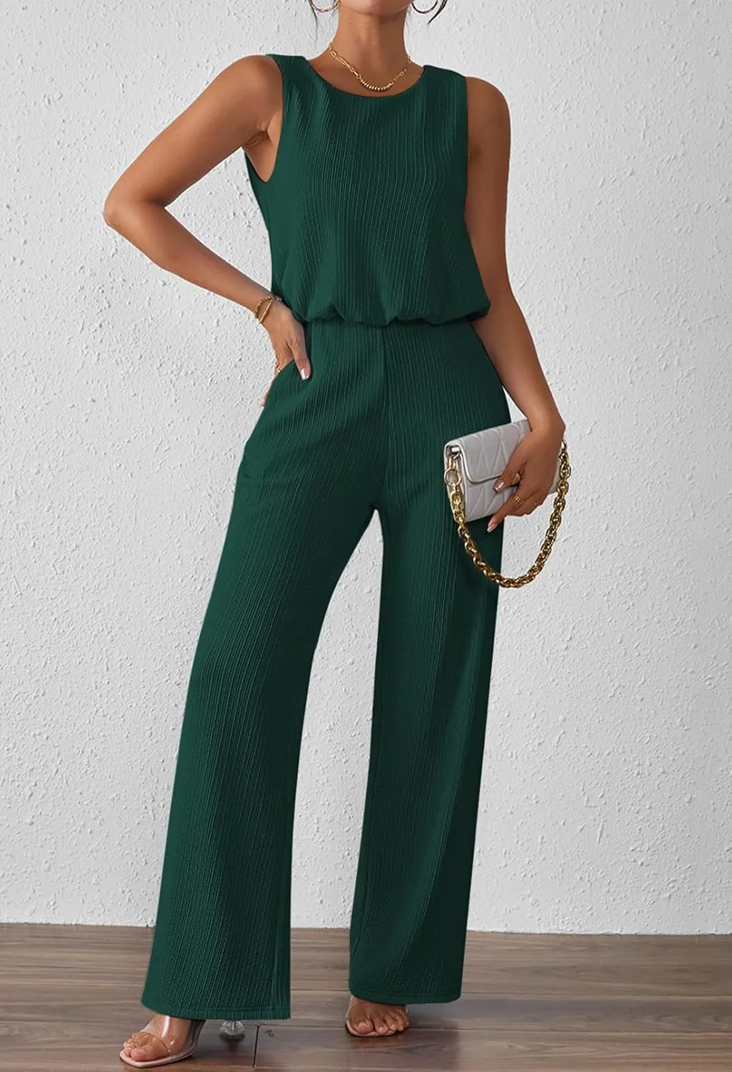 Pink Queen Women Summer Ribbed Jumpsuits Sleeveless Cut Out Back Wide Leg Rompers Outfits