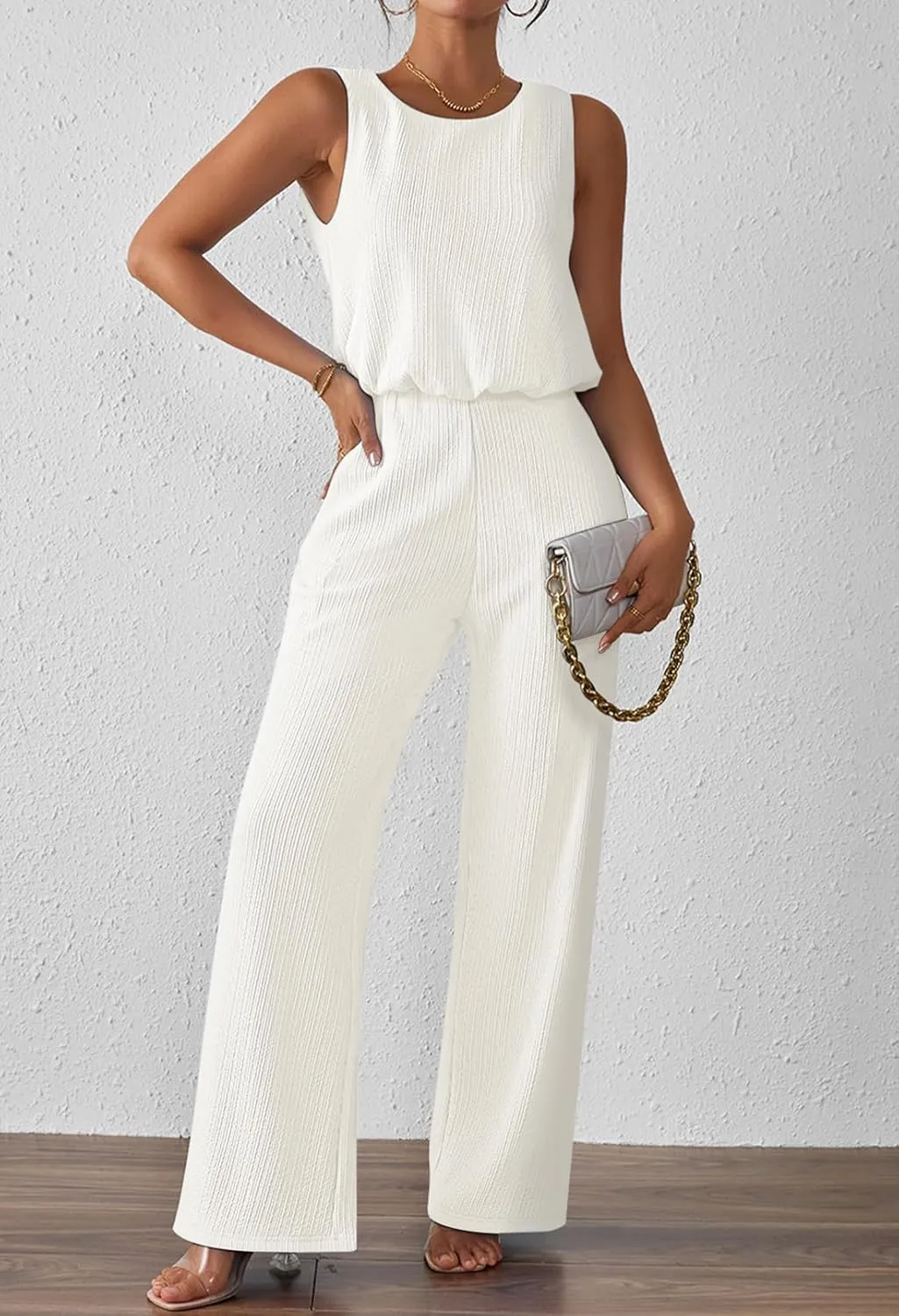 Pink Queen Women Summer Ribbed Jumpsuits Sleeveless Cut Out Back Wide Leg Rompers Outfits