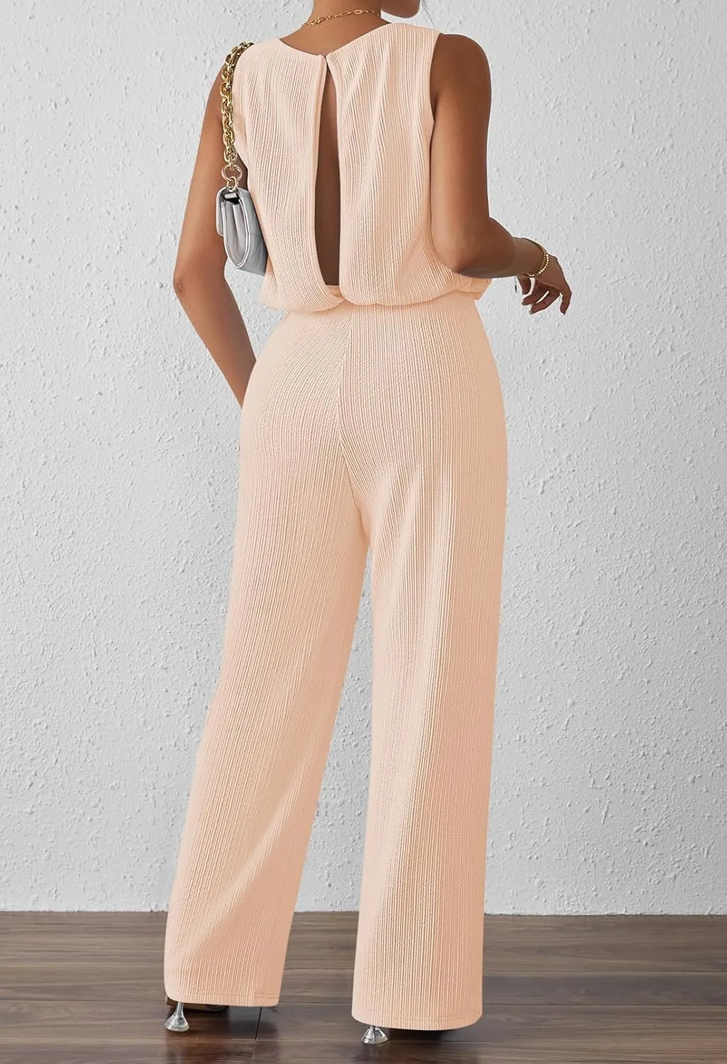 Pink Queen Women Summer Ribbed Jumpsuits Sleeveless Cut Out Back Wide Leg Rompers Outfits