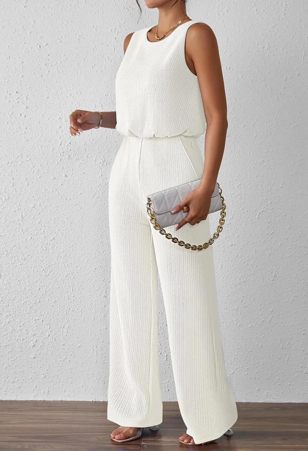 Pink Queen Women Summer Ribbed Jumpsuits Sleeveless Cut Out Back Wide Leg Rompers Outfits