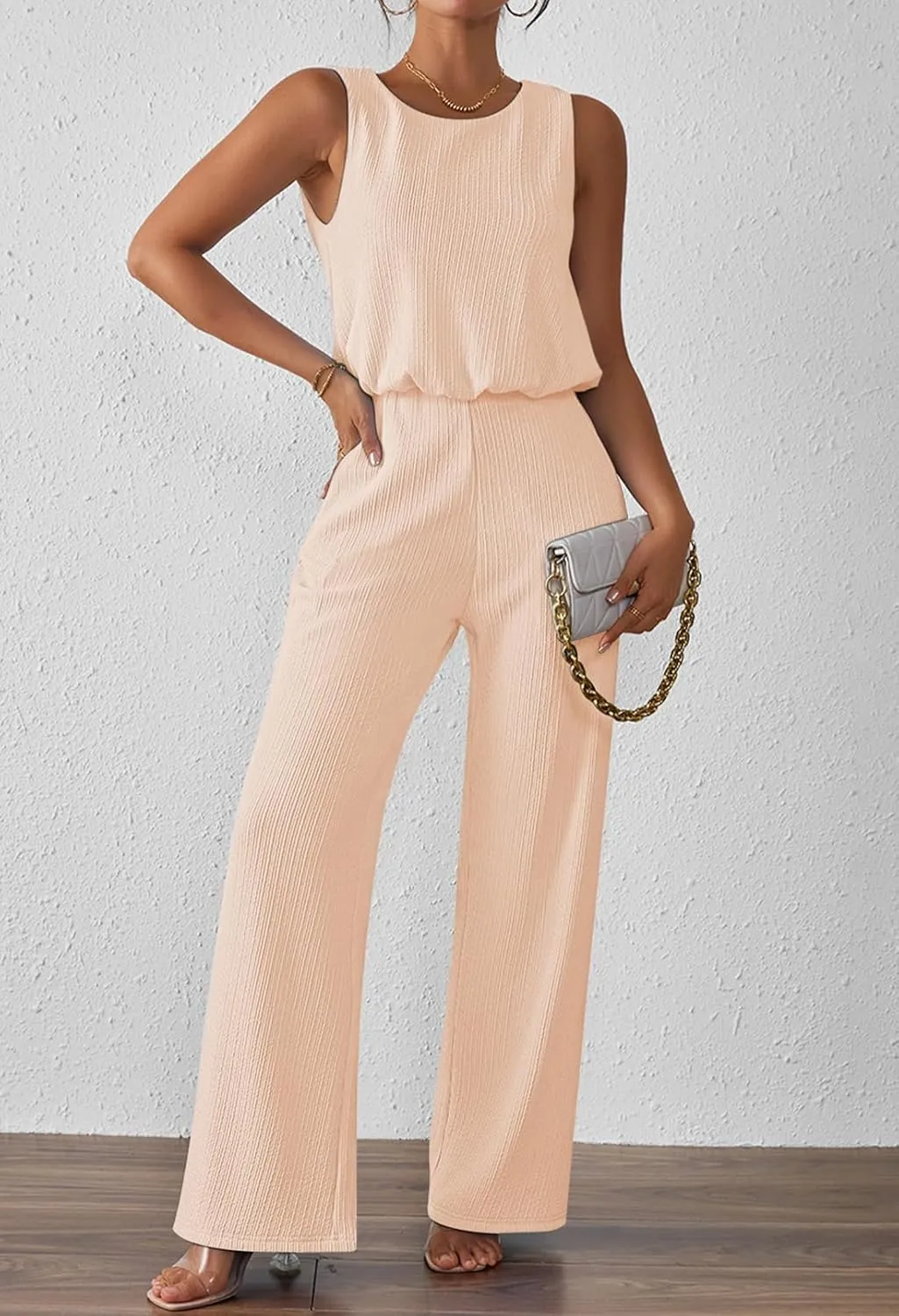 Pink Queen Women Summer Ribbed Jumpsuits Sleeveless Cut Out Back Wide Leg Rompers Outfits