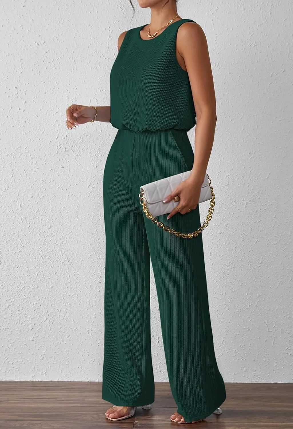 Pink Queen Women Summer Ribbed Jumpsuits Sleeveless Cut Out Back Wide Leg Rompers Outfits