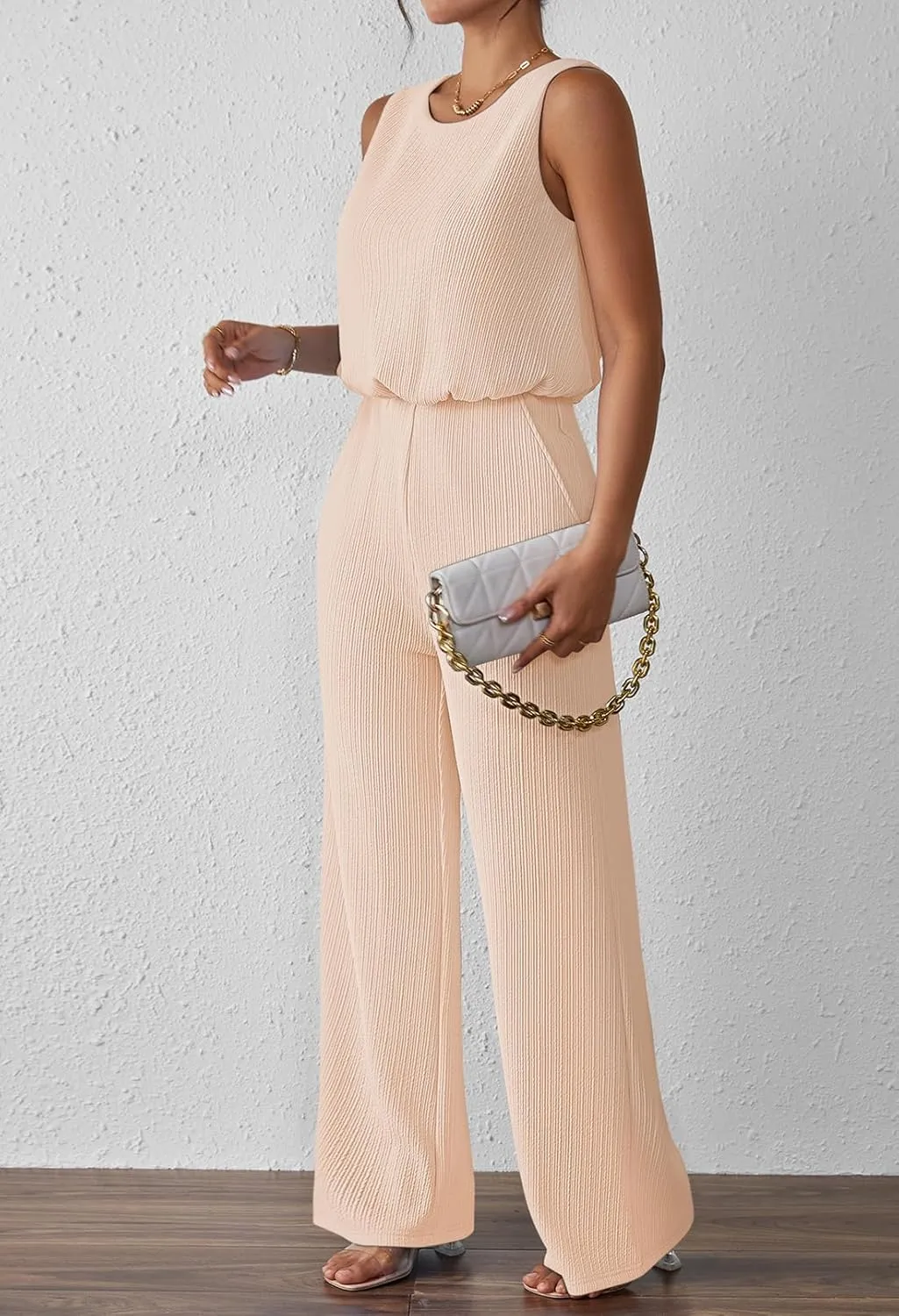 Pink Queen Women Summer Ribbed Jumpsuits Sleeveless Cut Out Back Wide Leg Rompers Outfits