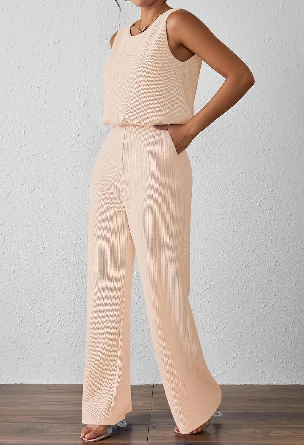 Pink Queen Women Summer Ribbed Jumpsuits Sleeveless Cut Out Back Wide Leg Rompers Outfits