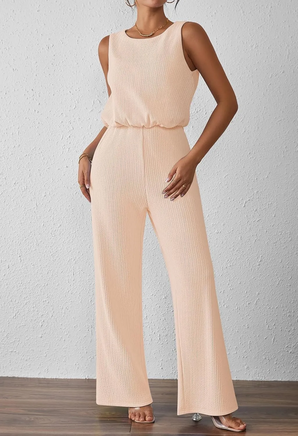 Pink Queen Women Summer Ribbed Jumpsuits Sleeveless Cut Out Back Wide Leg Rompers Outfits