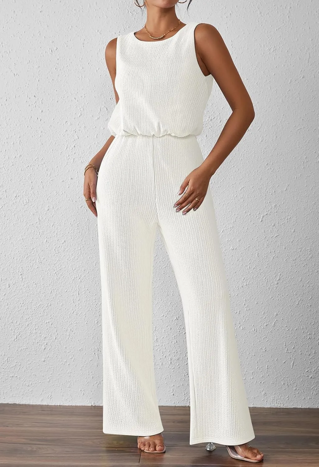 Pink Queen Women Summer Ribbed Jumpsuits Sleeveless Cut Out Back Wide Leg Rompers Outfits