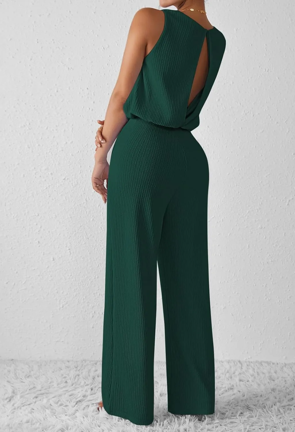 Pink Queen Women Summer Ribbed Jumpsuits Sleeveless Cut Out Back Wide Leg Rompers Outfits