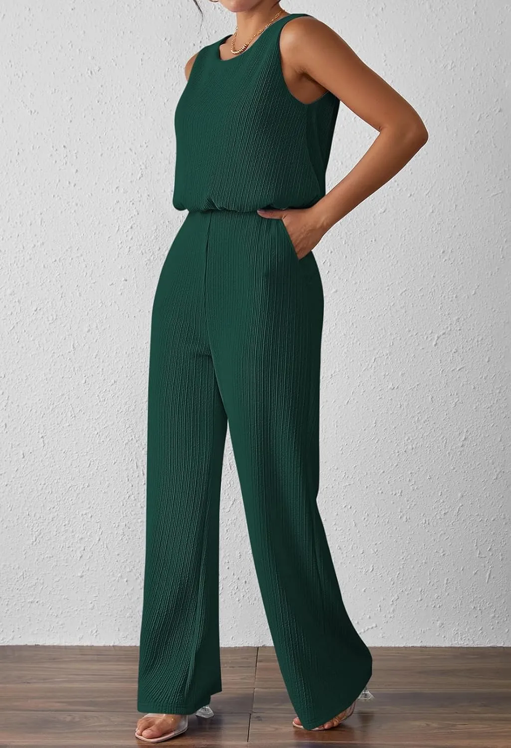 Pink Queen Women Summer Ribbed Jumpsuits Sleeveless Cut Out Back Wide Leg Rompers Outfits
