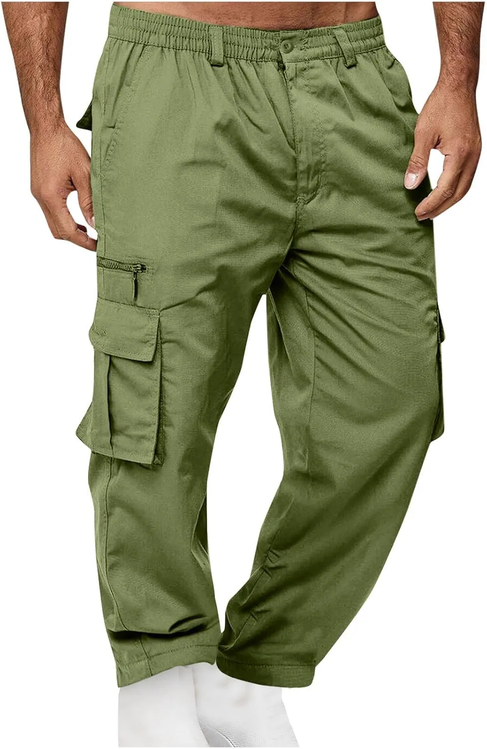 Plus Size Button Up Closure Elastic Waist Cargo Pants Mens Cargo Pants Zipper Decorate Multi-Pocket Cropped Trousers