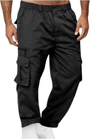 Plus Size Button Up Closure Elastic Waist Cargo Pants Mens Cargo Pants Zipper Decorate Multi-Pocket Cropped Trousers