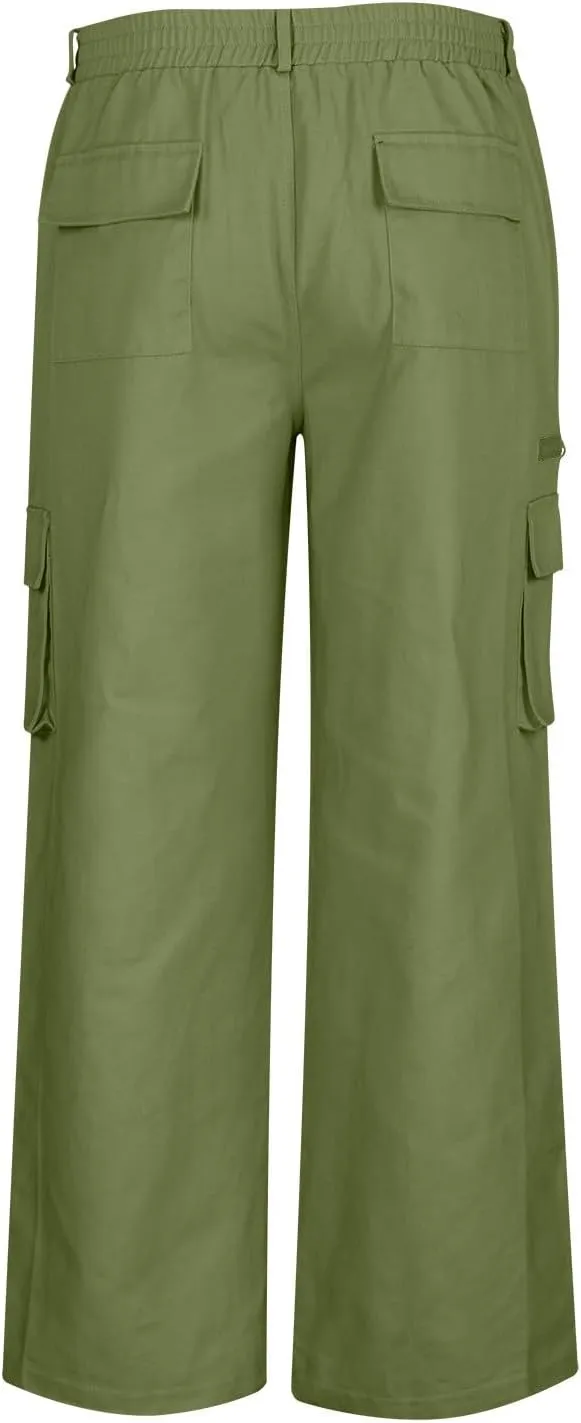 Plus Size Button Up Closure Elastic Waist Cargo Pants Mens Cargo Pants Zipper Decorate Multi-Pocket Cropped Trousers