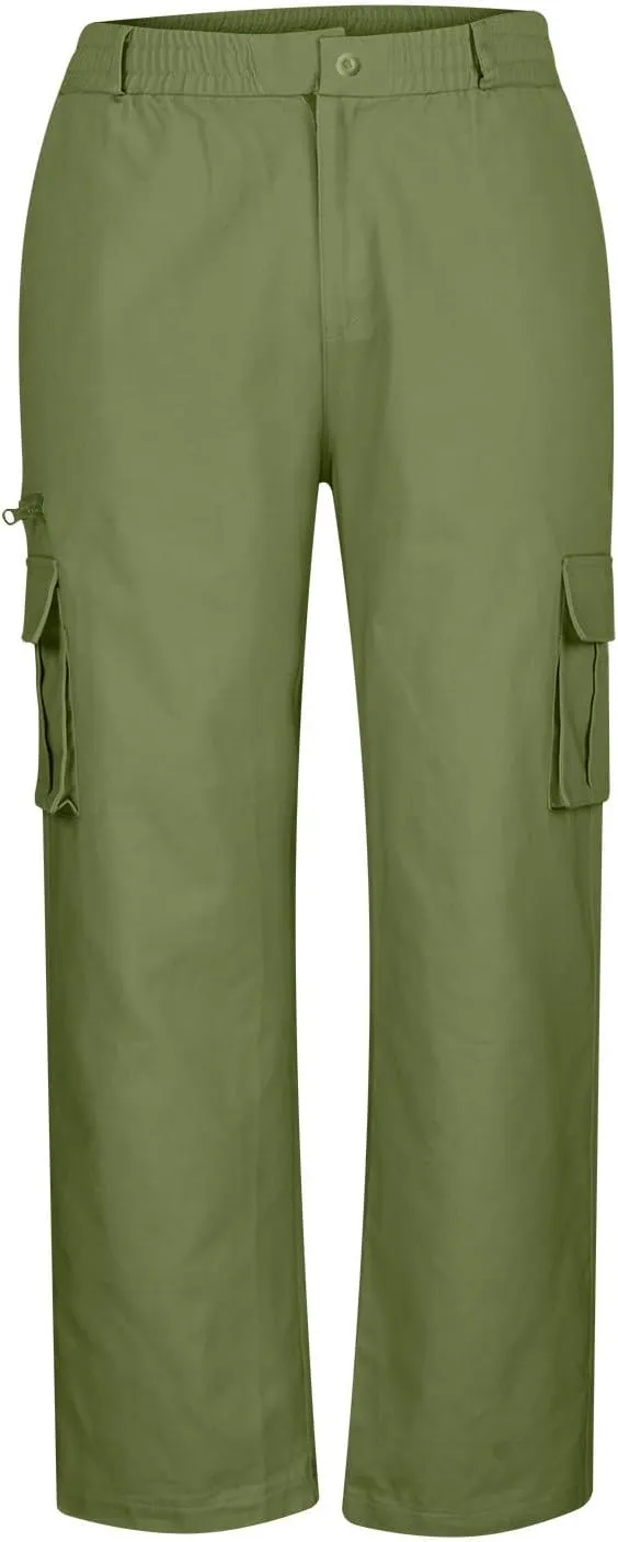 Plus Size Button Up Closure Elastic Waist Cargo Pants Mens Cargo Pants Zipper Decorate Multi-Pocket Cropped Trousers