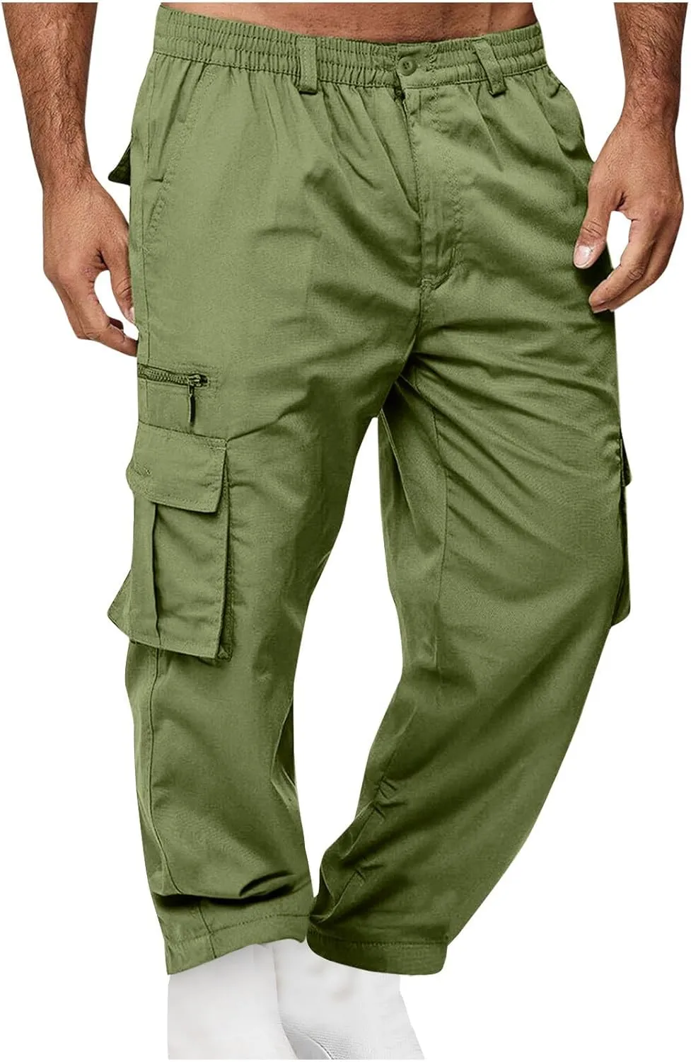 Plus Size Button Up Closure Elastic Waist Cargo Pants Mens Cargo Pants Zipper Decorate Multi-Pocket Cropped Trousers