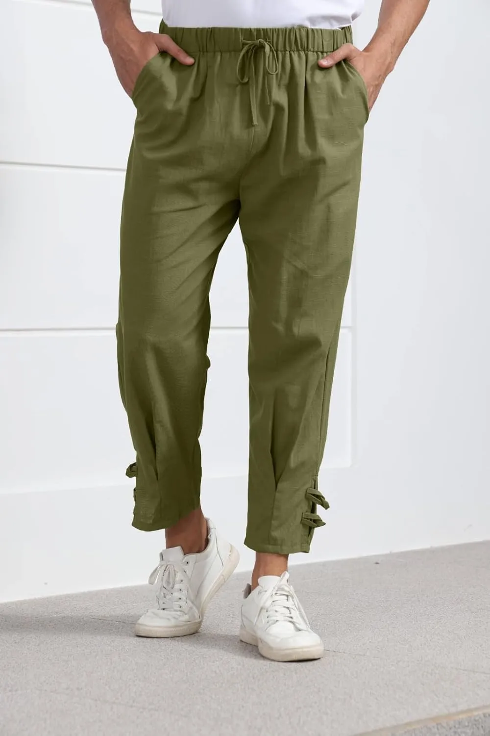 Plus Size Cropped Pants Men Summer Drawstring Elastic Waist Pants Crop Linen Pants with Pockets Hippie Harem Pants