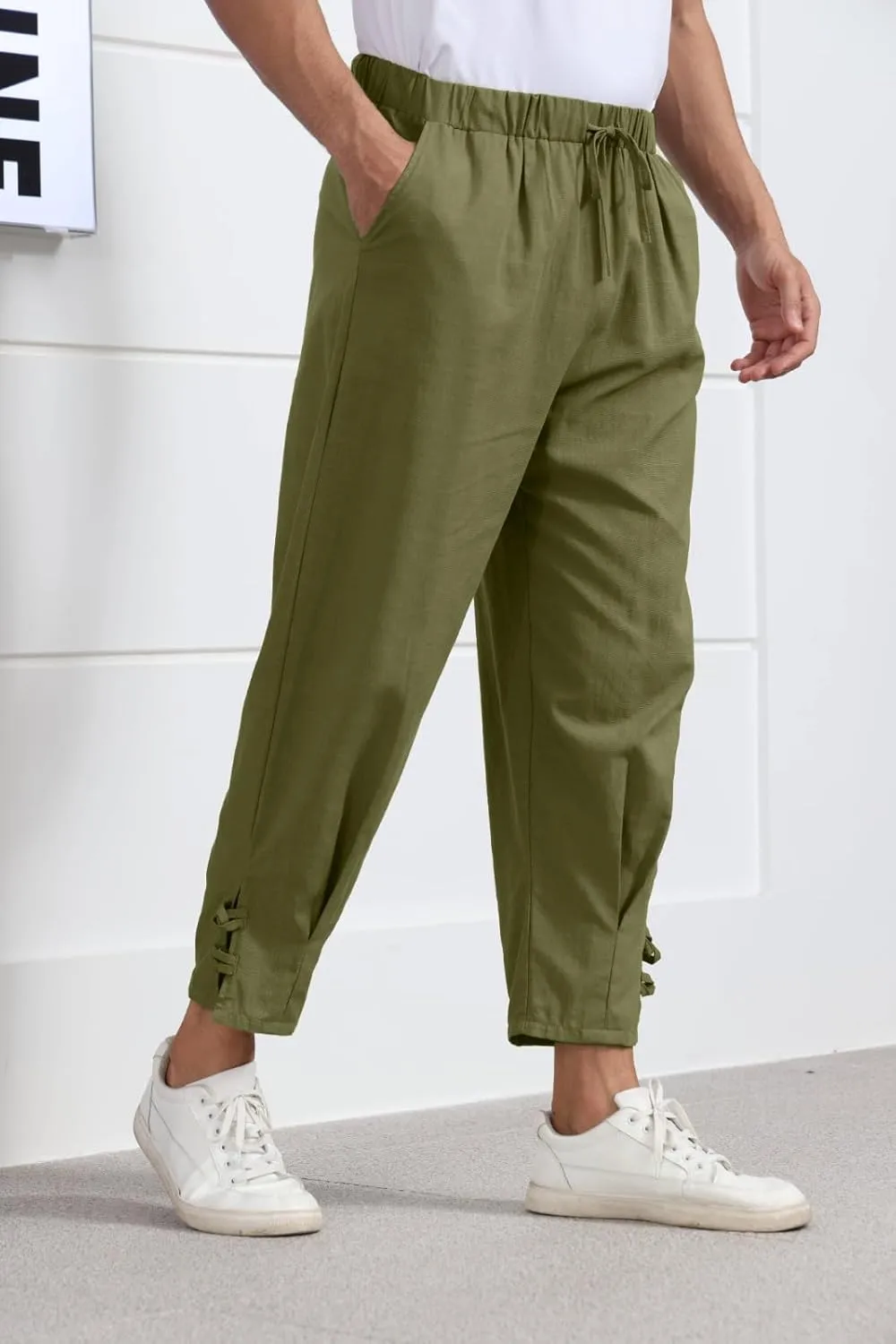 Plus Size Cropped Pants Men Summer Drawstring Elastic Waist Pants Crop Linen Pants with Pockets Hippie Harem Pants