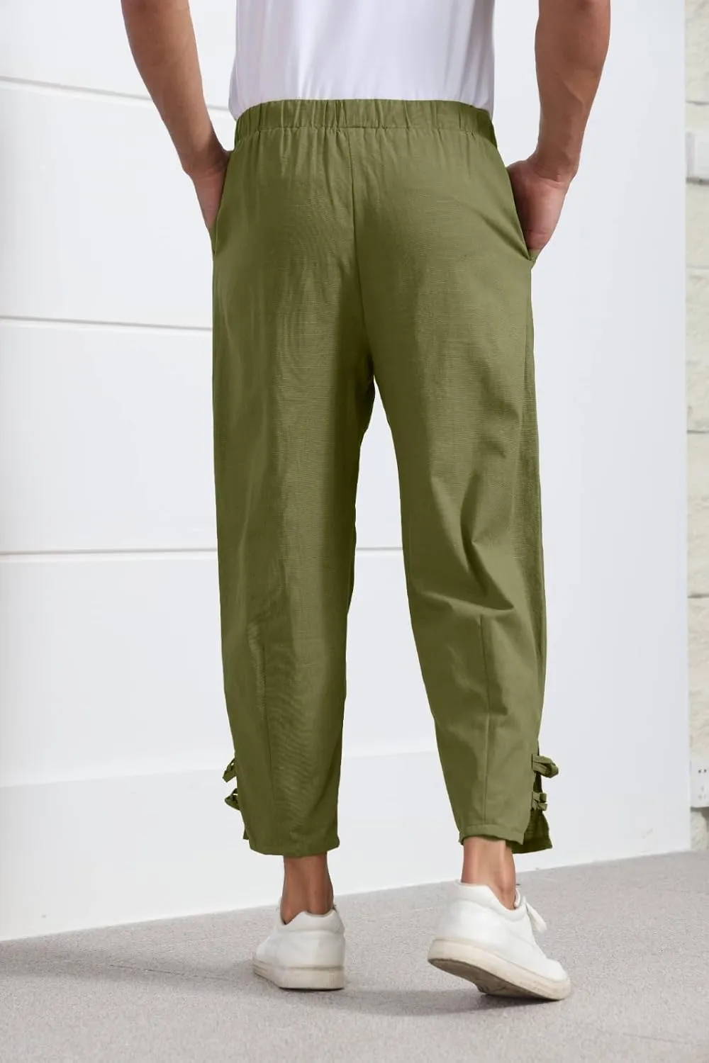 Plus Size Cropped Pants Men Summer Drawstring Elastic Waist Pants Crop Linen Pants with Pockets Hippie Harem Pants