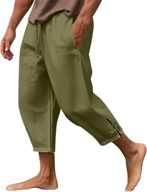 Plus Size Cropped Pants Men Summer Drawstring Elastic Waist Pants Crop Linen Pants with Pockets Hippie Harem Pants