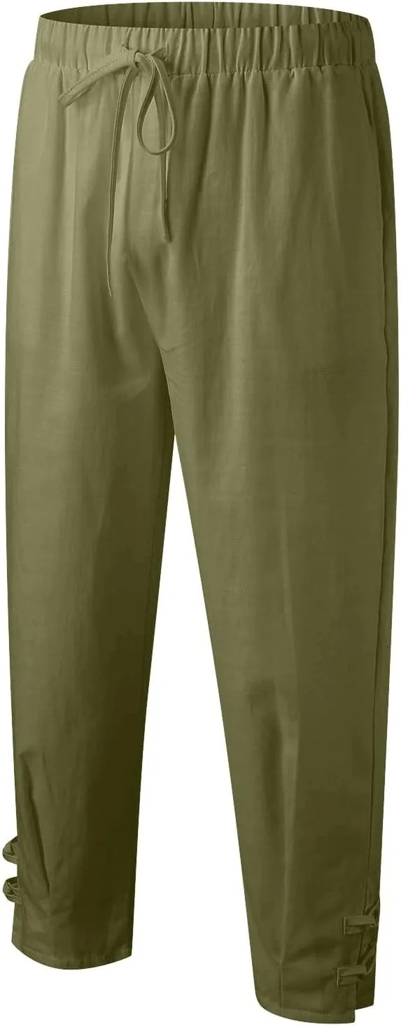 Plus Size Cropped Pants Men Summer Drawstring Elastic Waist Pants Crop Linen Pants with Pockets Hippie Harem Pants