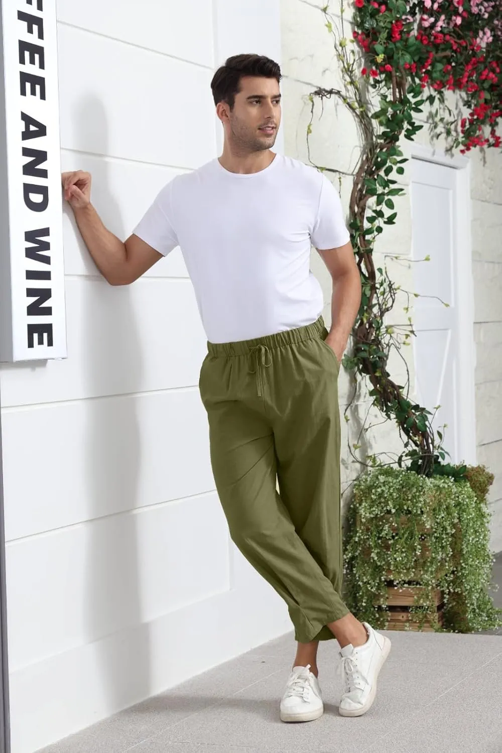 Plus Size Cropped Pants Men Summer Drawstring Elastic Waist Pants Crop Linen Pants with Pockets Hippie Harem Pants