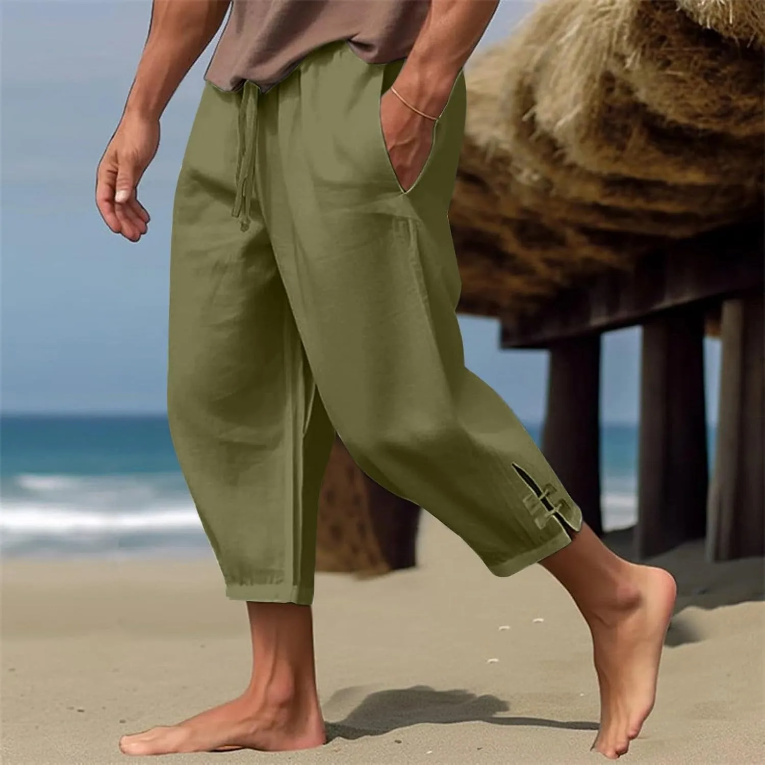 Plus Size Cropped Pants Men Summer Drawstring Elastic Waist Pants Crop Linen Pants with Pockets Hippie Harem Pants