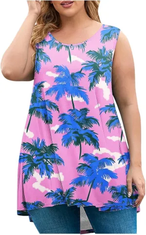 Plus Size Tank Tops Women Sunshine Graphic Sleeveless Vintage Travel Vacation Tops Summer Beach Shirts Hide Belly Tees