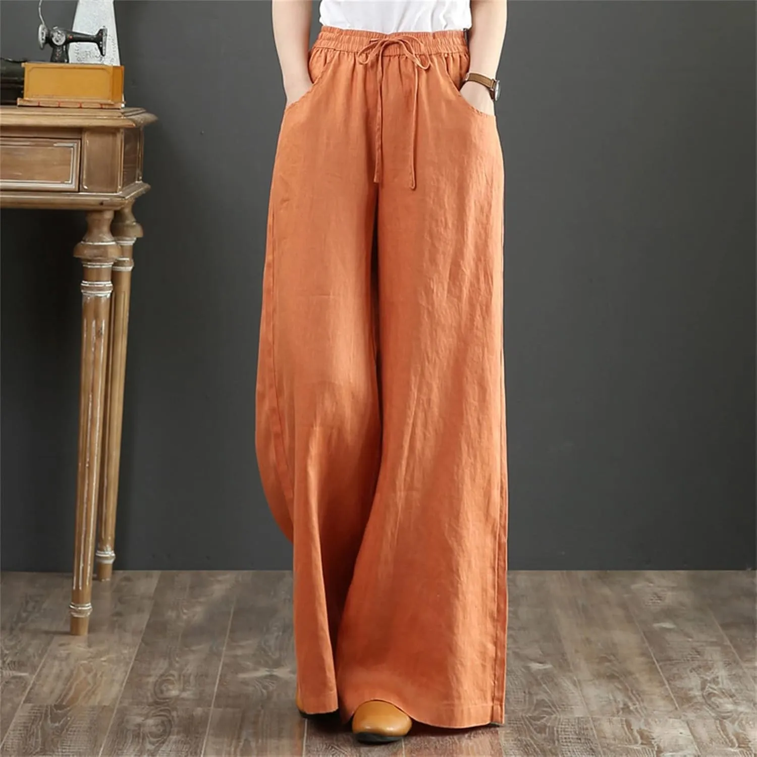 PTOLOCIF Cotton Pants for Women,Baggy Linen Pants Summer Lightweight High Waist Palazzo Pants Loose Straight Leg Pants