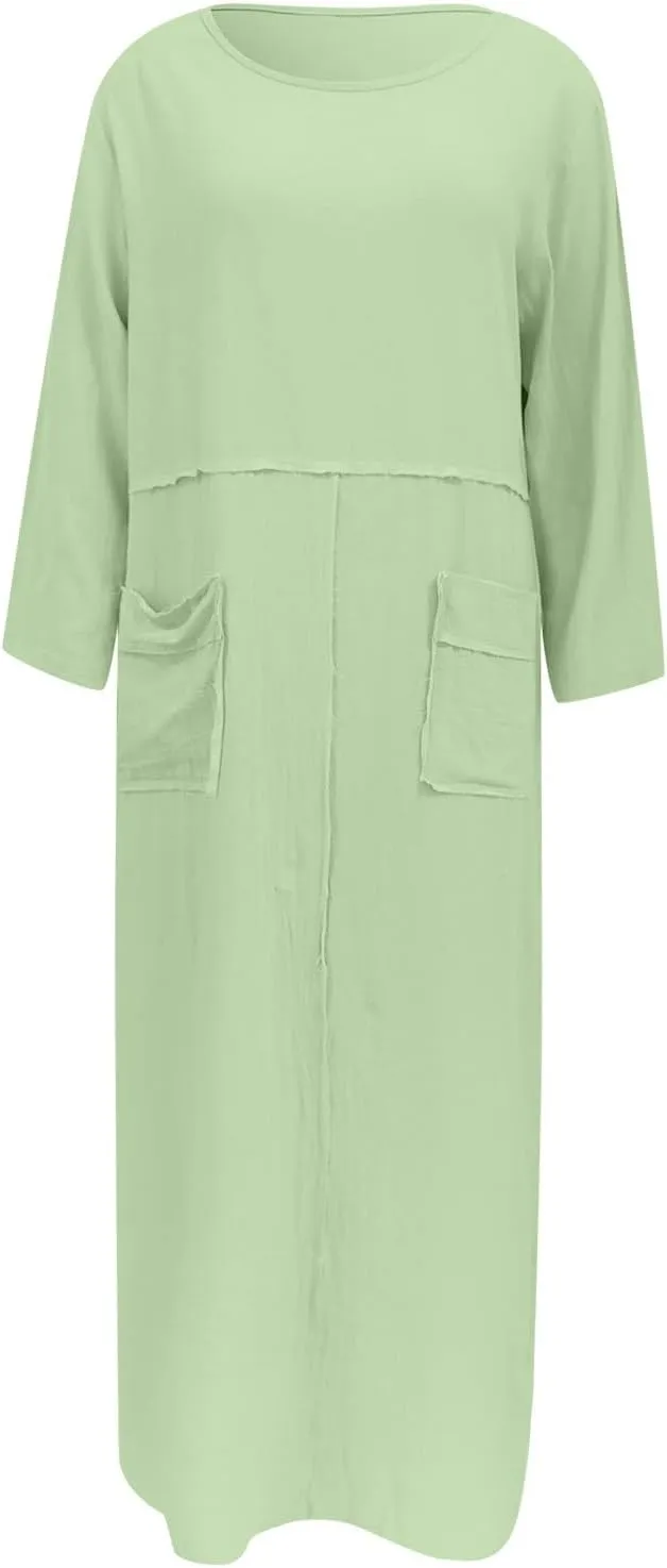 PTOLOCIF Womens Summer Cotton Linen Long Dress Half Sleeve Maxi Dresses O Neck Patchwork Shift Dress Flowy Vacation Sundress