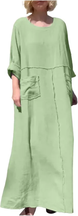 PTOLOCIF Womens Summer Cotton Linen Long Dress Half Sleeve Maxi Dresses O Neck Patchwork Shift Dress Flowy Vacation Sundress