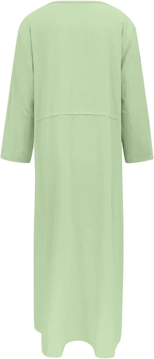PTOLOCIF Womens Summer Cotton Linen Long Dress Half Sleeve Maxi Dresses O Neck Patchwork Shift Dress Flowy Vacation Sundress