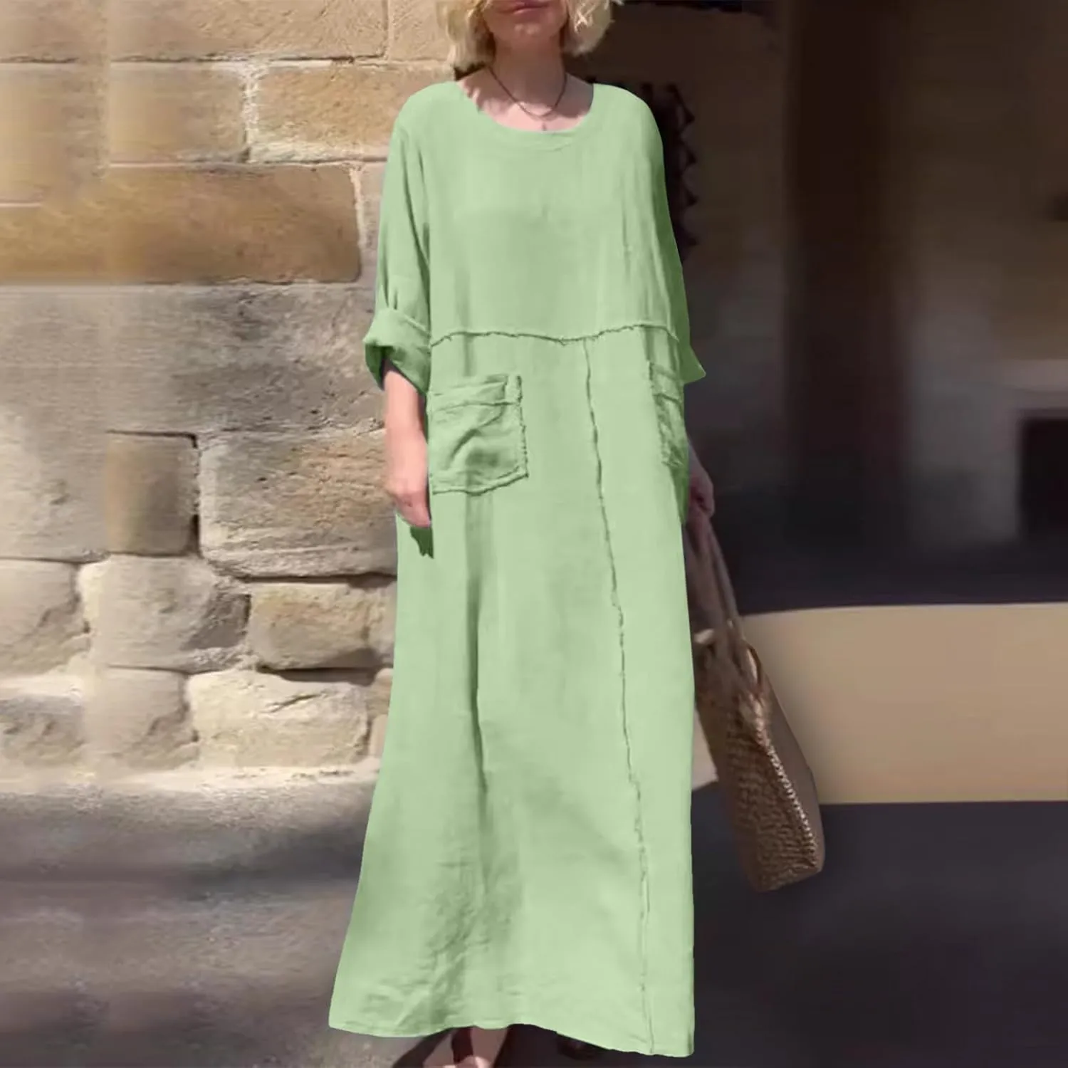 PTOLOCIF Womens Summer Cotton Linen Long Dress Half Sleeve Maxi Dresses O Neck Patchwork Shift Dress Flowy Vacation Sundress