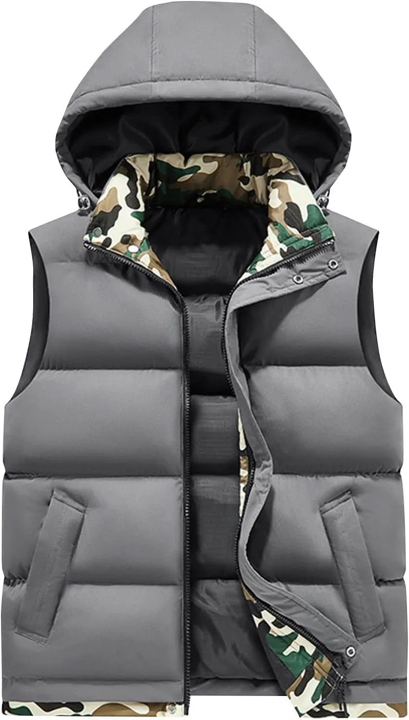 Puffer Vest with Hoodie Men Big and Tall Warm Vest Zip Up Sleeveless Jacket Lightweight Winter Vest with Pockets