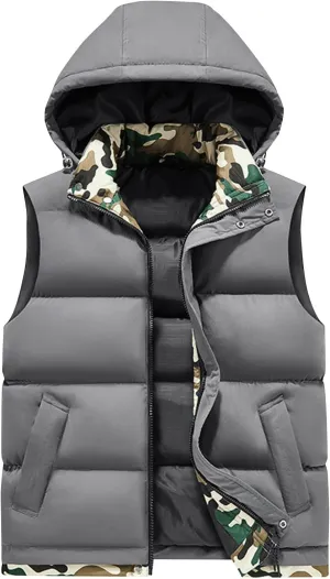 Puffer Vest with Hoodie Men Big and Tall Warm Vest Zip Up Sleeveless Jacket Lightweight Winter Vest with Pockets
