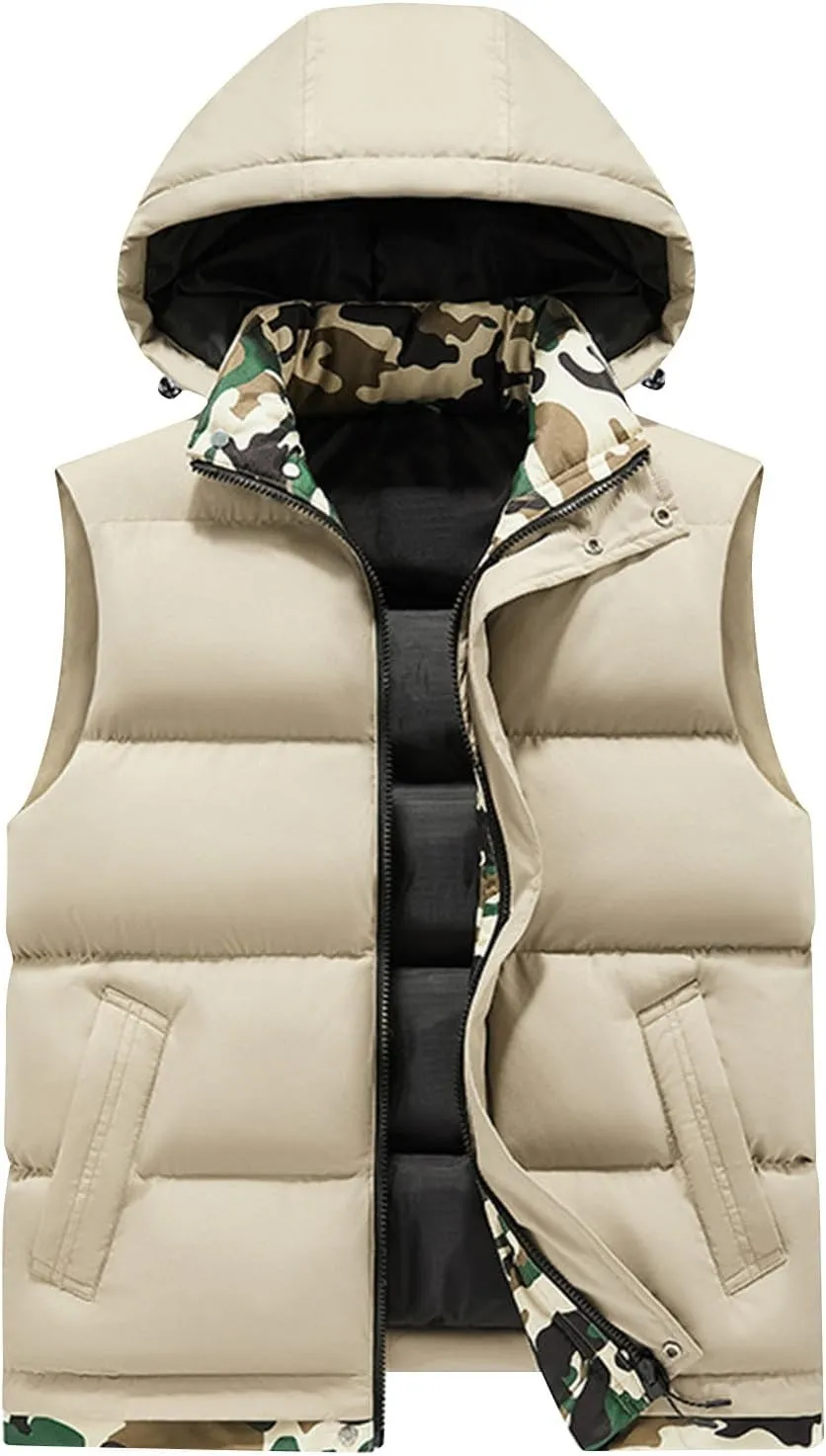 Puffer Vest with Hoodie Men Big and Tall Warm Vest Zip Up Sleeveless Jacket Lightweight Winter Vest with Pockets