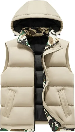 Puffer Vest with Hoodie Men Big and Tall Warm Vest Zip Up Sleeveless Jacket Lightweight Winter Vest with Pockets